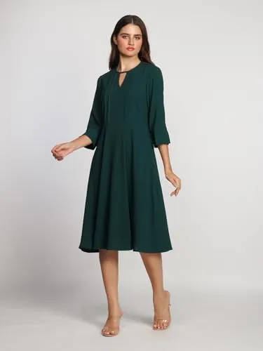 Zink London Women's Dark Green Solid A-Line Midi Dress