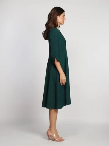 Zink London Women's Dark Green Solid A-Line Midi Dress