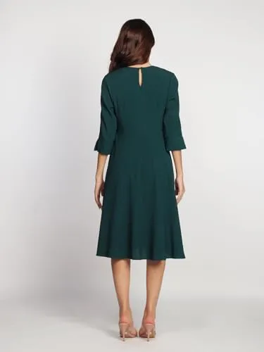 Zink London Women's Dark Green Solid A-Line Midi Dress